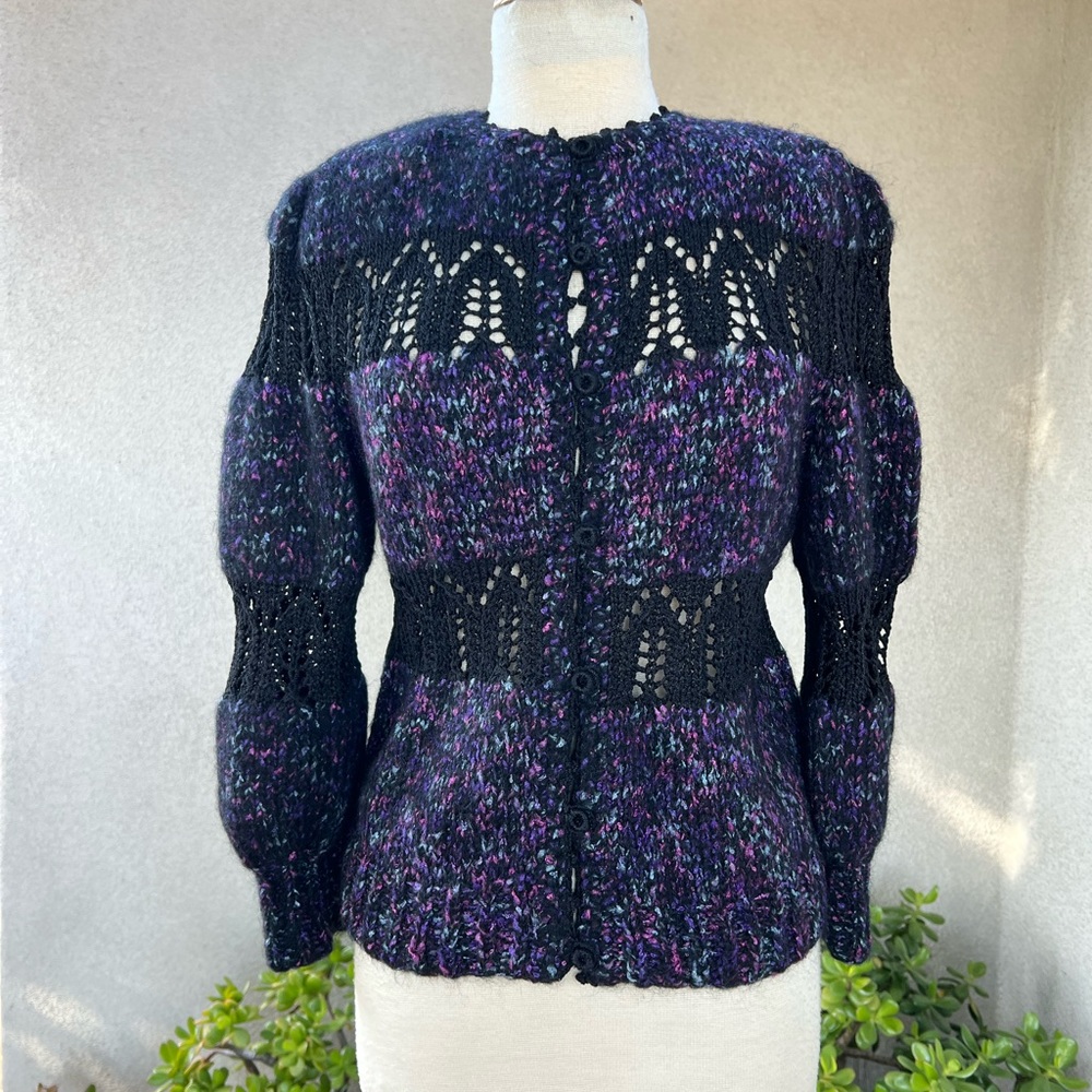 Price is Firm Vintage black purples  handmade crochet knit cardigan sweater S/M
